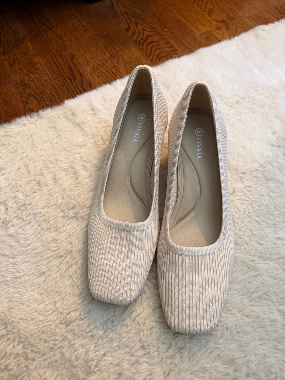 Women's Cream Knit Square-Toe Kitten Heels